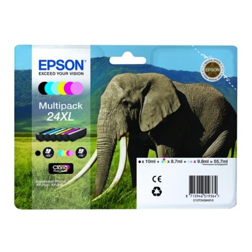 Epson Blækpatron sort / cyan / magenta / gul / cyanfoto / magenta foto (C13T24384011 / 24XL) (multipack, høj kapacitet)